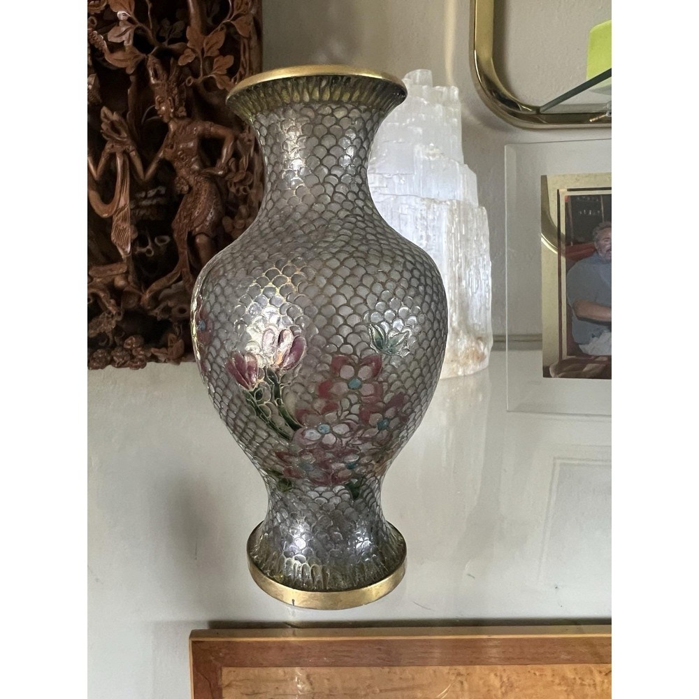 Vintage Cloisonne Enamel Floral Vase Silver Fish Scale Pattern Turquoise Base 5" - Picture 6 of 11